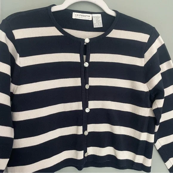 Liz Claiborne Cropped Navy Blue White Striped Nautical Inspired Button Cardigan - Picture 2 of 11